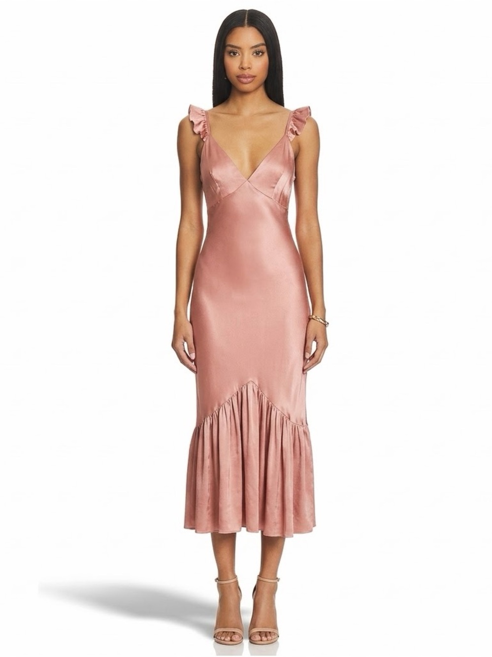 Saylor Rose Gold Satin Ruffle Midi Dress Size XS